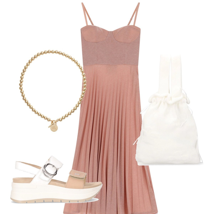Outfit donna - L’abito pesca plissettato. Stile Chic per Cerimonia. Abbinamento con vestiti midi/longuette, collane, borse a mano, sandali.