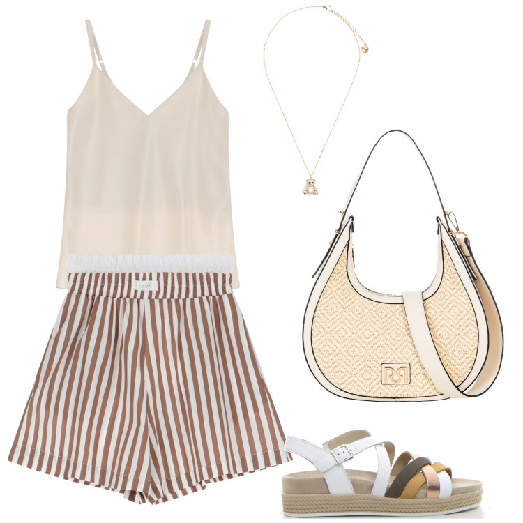 Outfit donna - Una calda estate. Stile Casual chic per Tutti i giorni. Abbinamento con borse a mano, pantaloni corti, ciondoli, top, sandali.