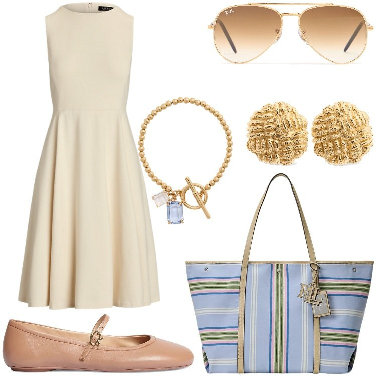 Outfit donna - Eleganza bonton. Stile Chic per Tutti i giorni. Abbinamento con vestiti senza maniche, braccialetti, borse tote, occhiali da sole, orecchini, ballerine.