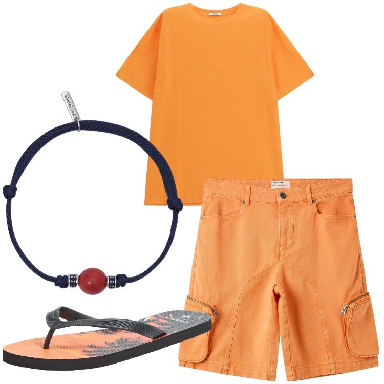 Outfit uomo - Orange mood. Stile Casual per Tutti i giorni. Abbinamento con sandali, pantaloni corti, braccialetti, t-shirt.