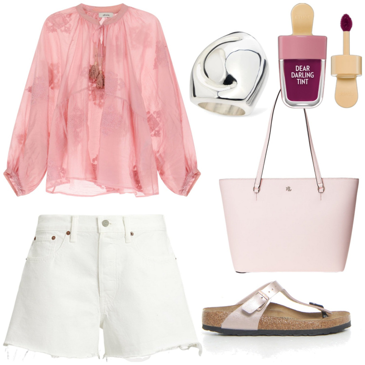 Outfit donna - Passeggiata serale. Stile Romantica per Serata fuori. Abbinamento con rossetti, camicie, shorts, borse tote, infradito, anelli.