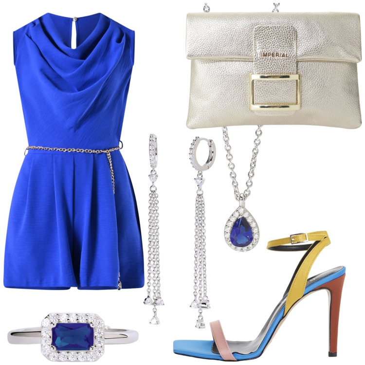 Outfit donna - Total look #2202449. Stile Glamour per Serata fuori. Abbinamento con pochette, sandali col tacco, collane, anelli, orecchini, tuta corta.