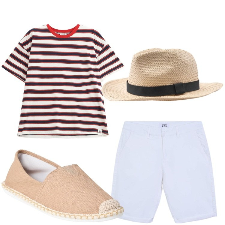 Outfit uomo - Come in gondola. Stile Casual per Tutti i giorni. Abbinamento con espadrillas, bermuda, t-shirt, cappelli.