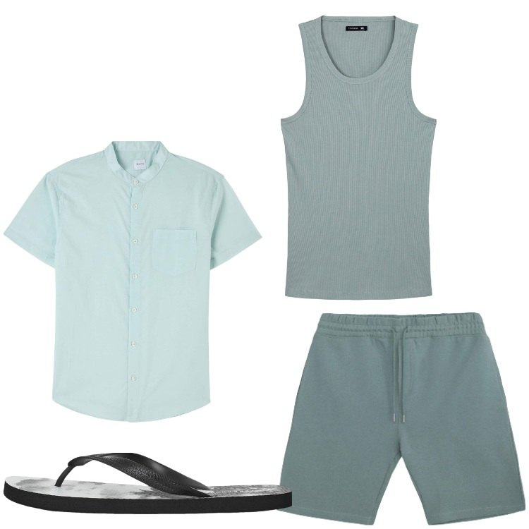 Outfit uomo - Aperitivo sulla spiaggia. Stile Casual per Mare. Abbinamento con camicie a manica corta, sandali, pantaloni corti, canottiere.