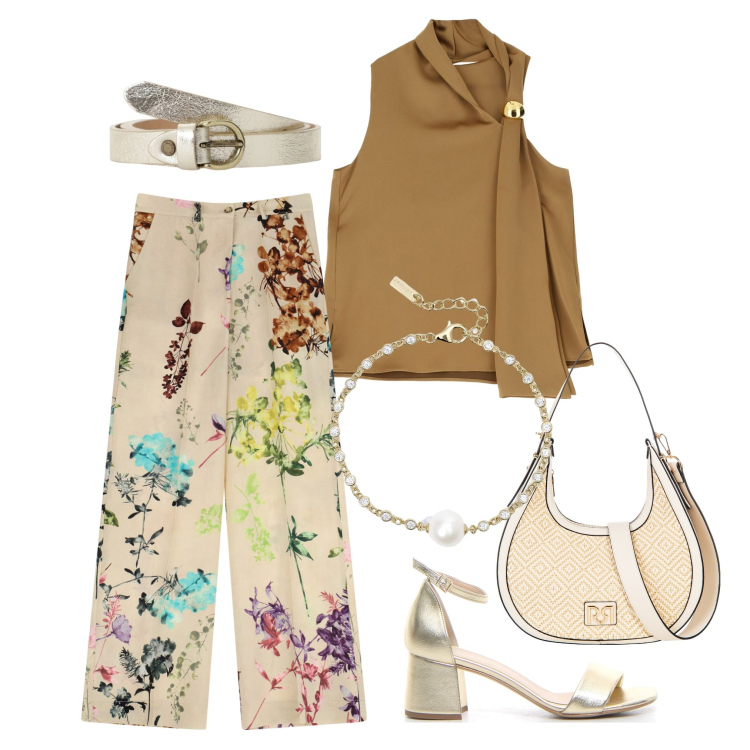Outfit donna - Cena con amici. Stile Casual chic per Serata fuori. Abbinamento con braccialetti, borse a mano, top, pantaloni a palazzo, cinture, sandali col tacco.