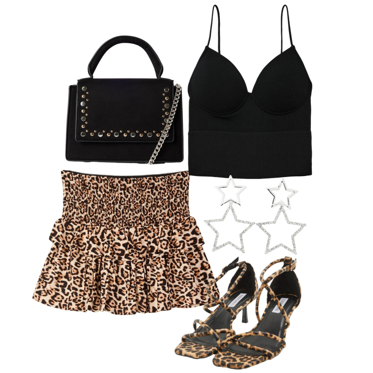 Outfit donna - Terranova party. Stile Glamour per Serata fuori. Abbinamento con sandali col tacco, minigonne, orecchini, top, borse a tracolla.