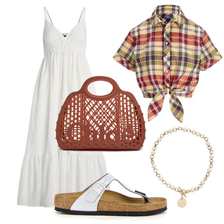 Outfit donna - Semplice ed elegante. Stile Casual chic per Tutti i giorni. Abbinamento con collane, vestiti senza maniche, camicie, infradito, borse a mano.