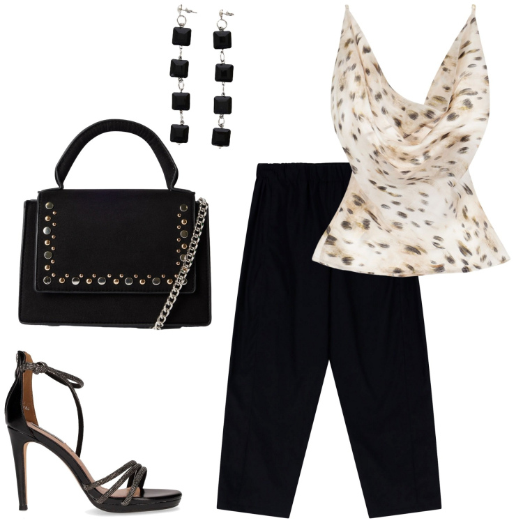 Outfit donna - Serata low cost. Stile Sexy per Serata fuori. Abbinamento con borse a tracolla, top, pantaloni, orecchini, sandali in pelle.