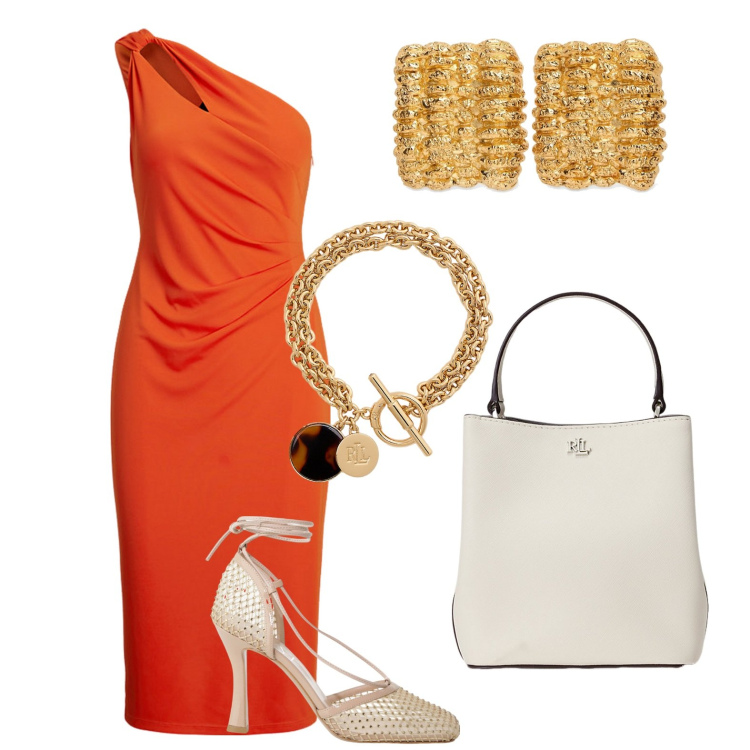 Outfit donna - Scollatura alla greca. Stile Chic per Cerimonia. Abbinamento con braccialetti con ciondoli, vestiti asimmetrici, borse a secchiello, décolleté, orecchini.