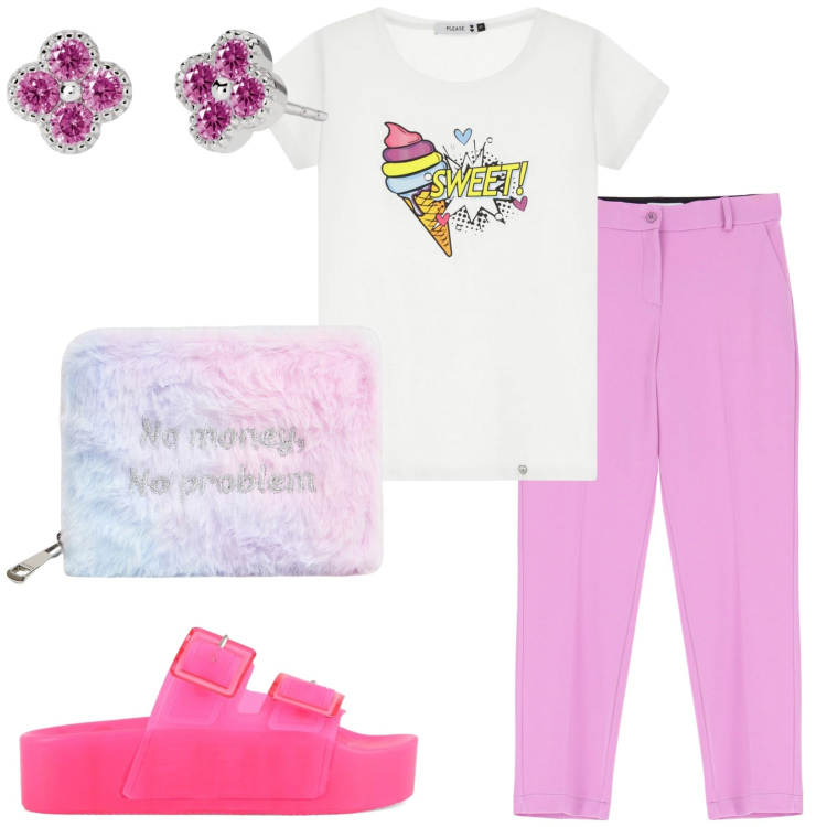 Outfit donna - Total look #2202465. Stile Casual per Tutti i giorni. Abbinamento con portafogli, orecchini, pantaloni, t-shirt, sandali.
