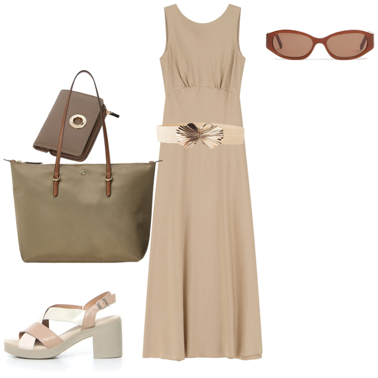 Outfit donna - Total look #2202467. Abbinamento con cinture, portafogli, vestiti lunghi, borse tote, sandali col tacco, occhiali da sole.