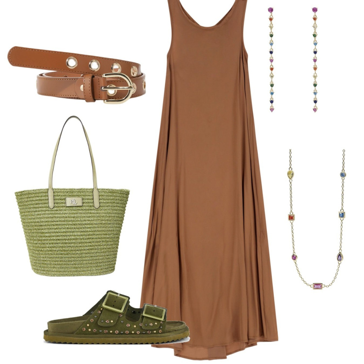 Outfit donna - Vestito marrone. Stile Casual per Tutti i giorni. Abbinamento con orecchini, collane, vestiti lunghi, cinture, borse tote, sandali.
