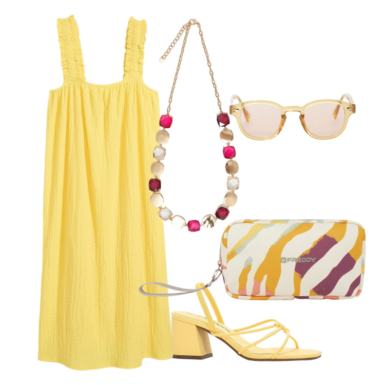 Outfit donna - Solare. Stile Trendy per Mare. Abbinamento con vestiti, sandali col tacco, occhiali da sole, valigie, collane.