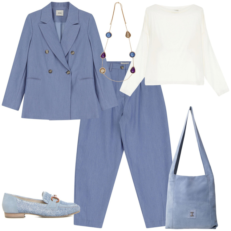 Outfit donna - Total look #2202471. Stile Minimal per Ufficio. Abbinamento con borse a tracolla, blazer, maglieria, pantaloni, mocassini, collane.