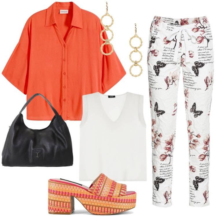 Outfit donna - In ufficio a luglio. Stile Casual chic per Ufficio. Abbinamento con pantaloni, bluse, pochette, top, orecchini, zeppe.