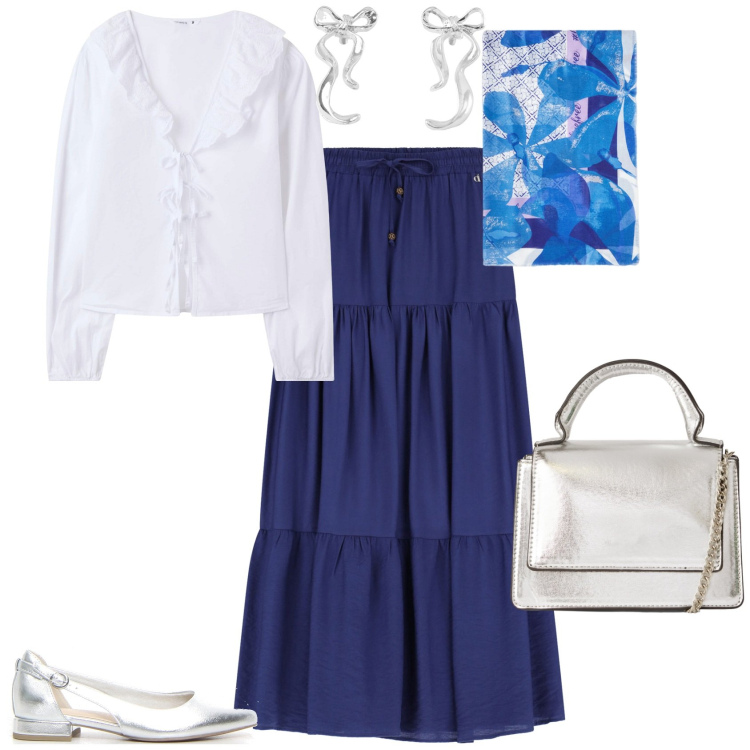 Outfit donna - Total look #2202474. Stile Romantica per Serata fuori. Abbinamento con borse a tracolla, orecchini, camicie, gonne lunghe, ballerine, stole.