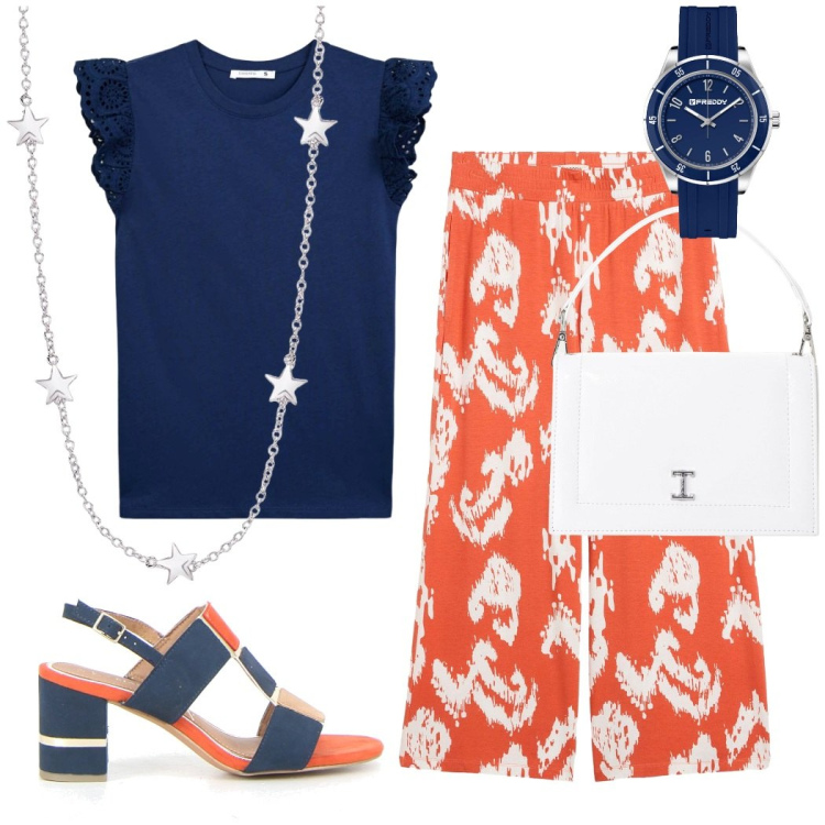 Outfit donna - Blu, bianco e arancione. Stile Casual chic per Tutti i giorni. Abbinamento con pantaloni, t-shirt, collane, orologi, borse a tracolla, sandali in pelle.