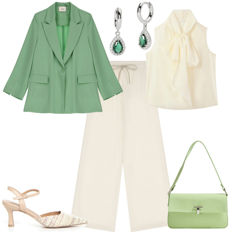Outfit donna - Total look #2202479. Stile Chic per Cerimonia. Abbinamento con borse a spalla, bluse, orecchini, blazer, pantaloni a palazzo, sandali col tacco.