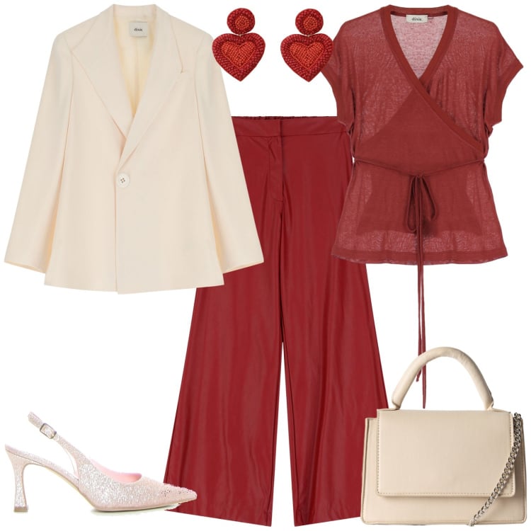 Outfit donna - Total look #2202480. Stile Romantica per Serata fuori. Abbinamento con borse a tracolla, top, pantaloni a palazzo, blazer, orecchini, décolleté.