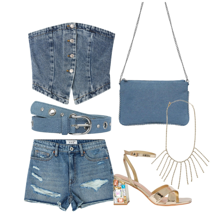 Outfit donna - Terranova jeans. Stile Casual per Mare. Abbinamento con shorts, cinture, borse a tracolla, sandali gioiello, top, collane.