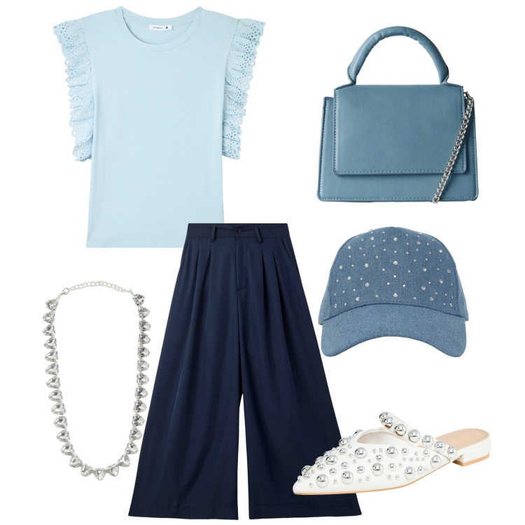 Outfit donna - Terranova shopping. Stile Sporty chic per Tutti i giorni. Abbinamento con pantaloni, t-shirt, ballerine, cappelli, borse a tracolla, collane.