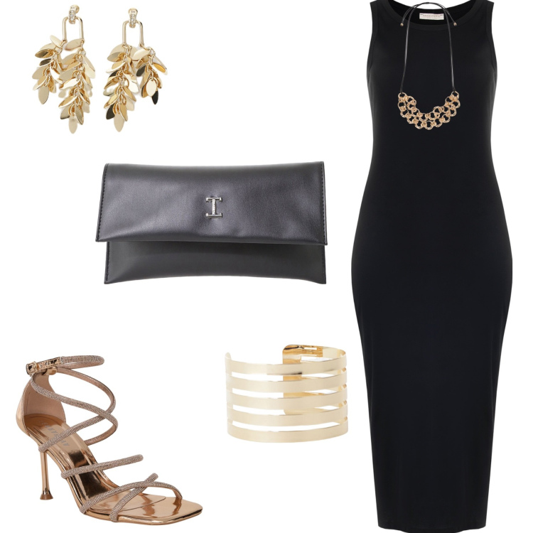 Outfit donna - Nero e oro. Stile Chic per Serata fuori. Abbinamento con sandali col tacco, vestiti, pochette, orecchini, braccialetti, collane.