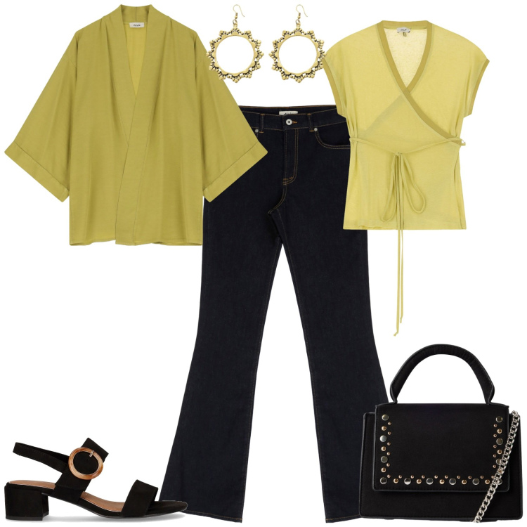 Outfit donna - Total look #2202487. Stile Vintage retrò per Serata fuori. Abbinamento con borse a tracolla, top, blazer, jeans, orecchini, sandali col tacco.