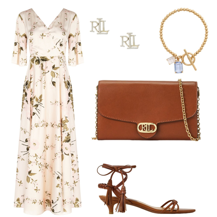 Outfit donna - Abito floreale Rinascimento. Stile Chic per Cerimonia. Abbinamento con vestiti lunghi, sandali col tacco, braccialetti, borse a tracolla, orecchini.