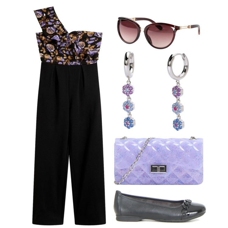 Outfit donna - Jumpsuit da giorno. Stile Casual chic per Tutti i giorni. Abbinamento con tute, occhiali da sole, borse a tracolla, orecchini, ballerine.