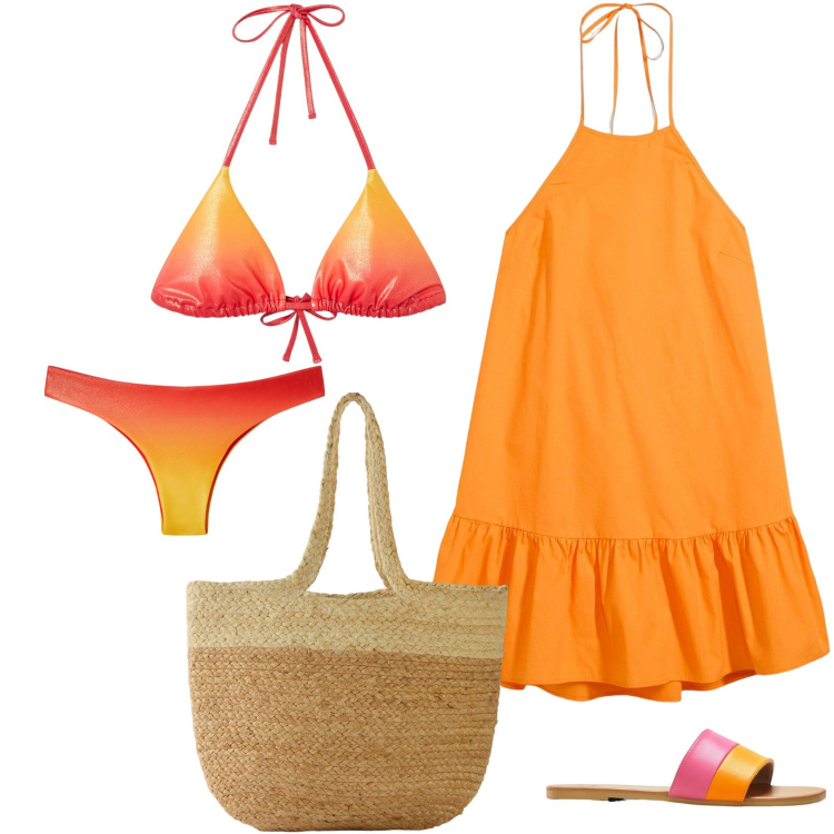Outfit donna - Giallo sole. Stile Casual per Mare. Abbinamento con ciabatte, vestiti corti, shopping bag, bikini, bikini.