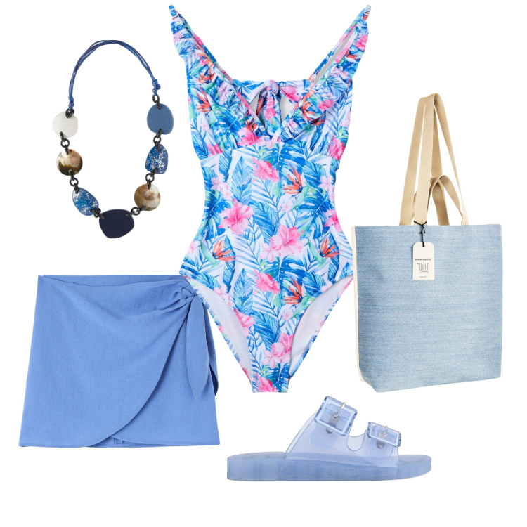 Outfit donna - Costume tropicale. Stile Chic per Mare. Abbinamento con costumi interi, vestiti da spiaggia, borse tote, sandali, collane.