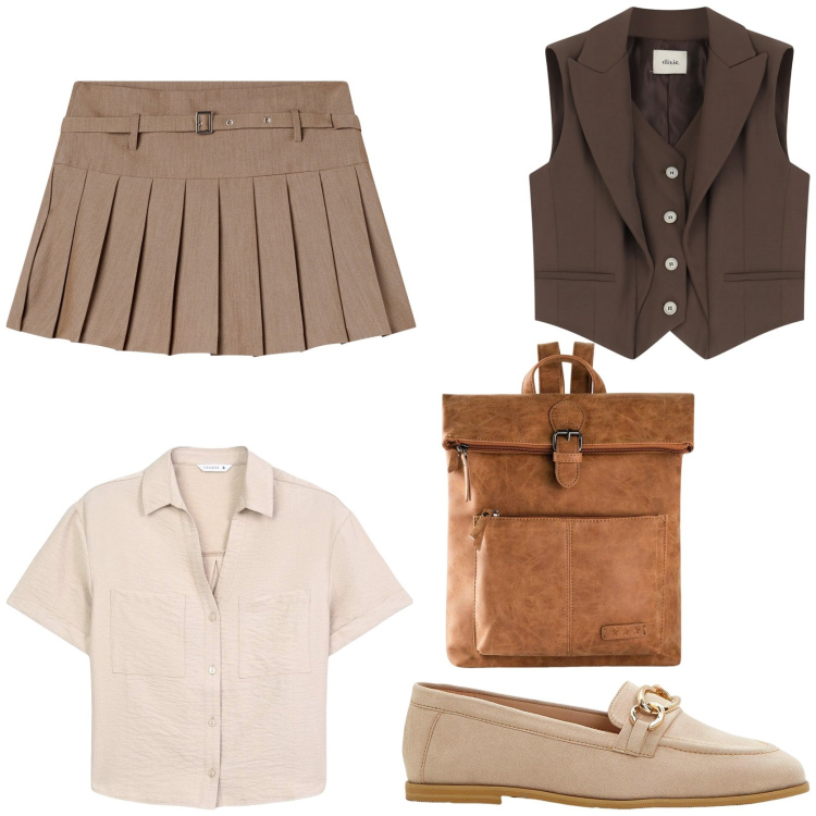 Outfit donna - Un tocco preppy. Stile Preppy per Scuola/Università. Abbinamento con zaini, mocassini, minigonne, camicie a manica corta, gilet.