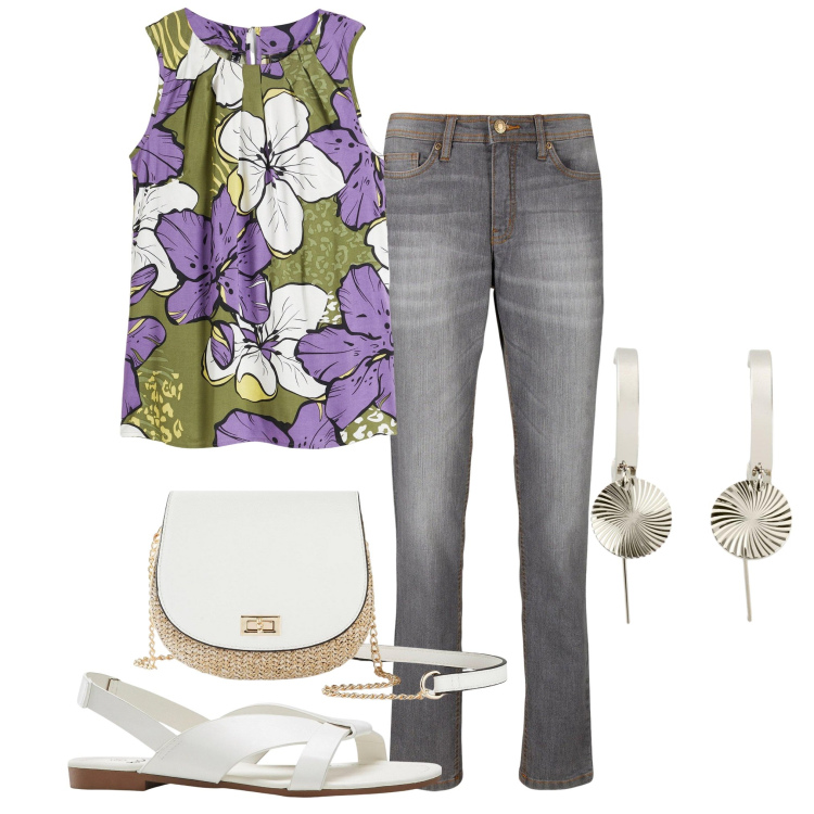Outfit donna - Floreale con i jeans. Stile Casual per Tutti i giorni. Abbinamento con sandali, jeans mom, borse a tracolla, top, orecchini.