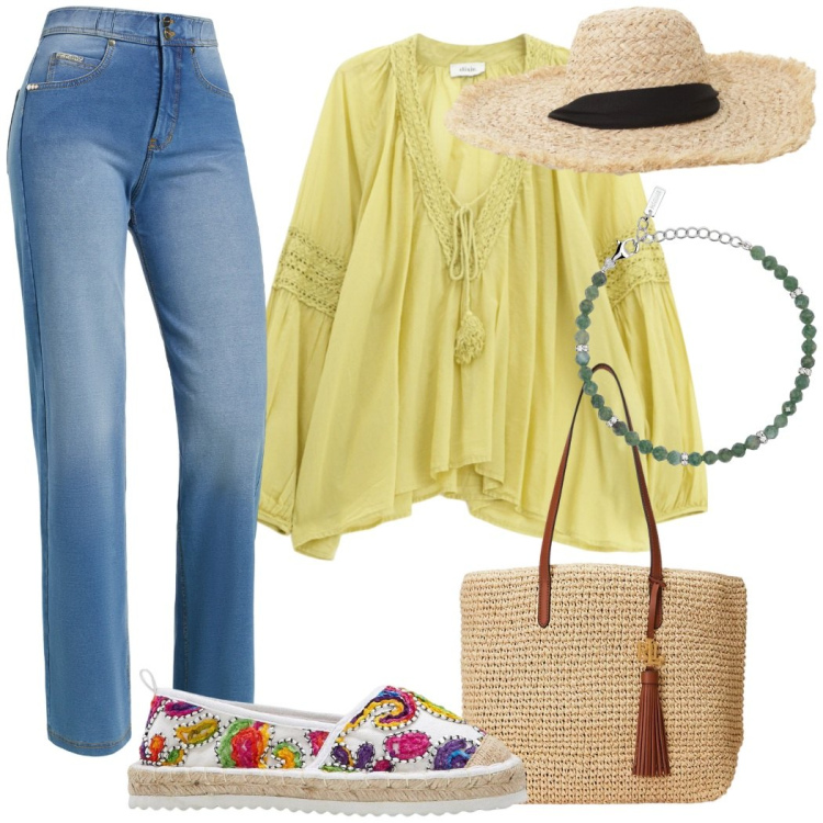 Outfit donna - Boho chic per l\' aperitivo al mare. Stile Boho per Tutti i giorni. Abbinamento con espadrillas, braccialetti, cappelli, jeans, camicie, borse tote.
