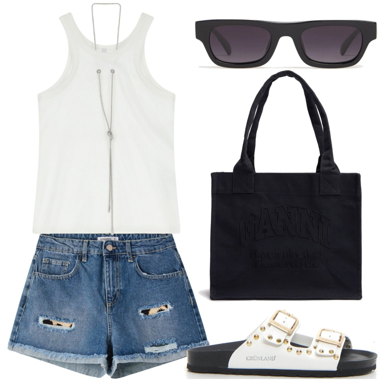 Outfit donna - Total look #2202504. Stile Basic per Tutti i giorni. Abbinamento con shorts, top, shopping bag, ciabatte, occhiali da sole.