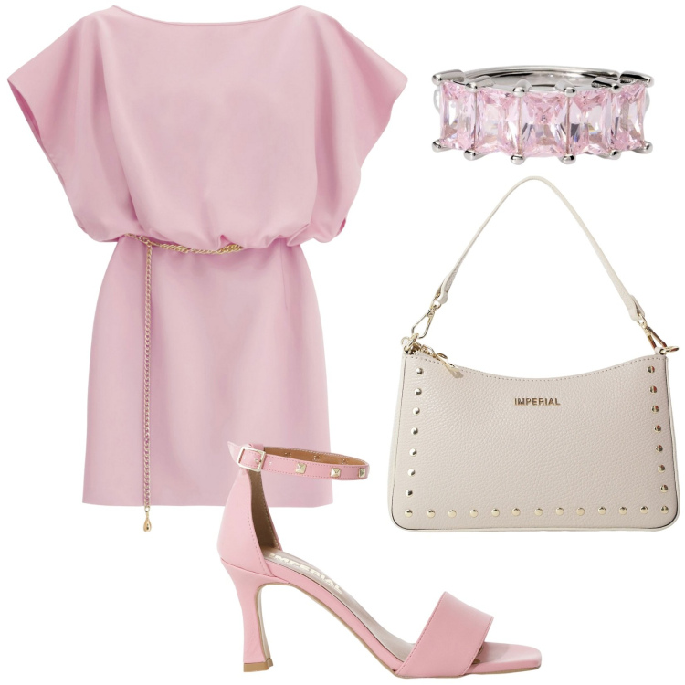 Outfit donna - Total look #2202508. Stile Bon Ton per Serata fuori. Abbinamento con anelli, sandali col tacco, borse a spalla, vestiti corti.