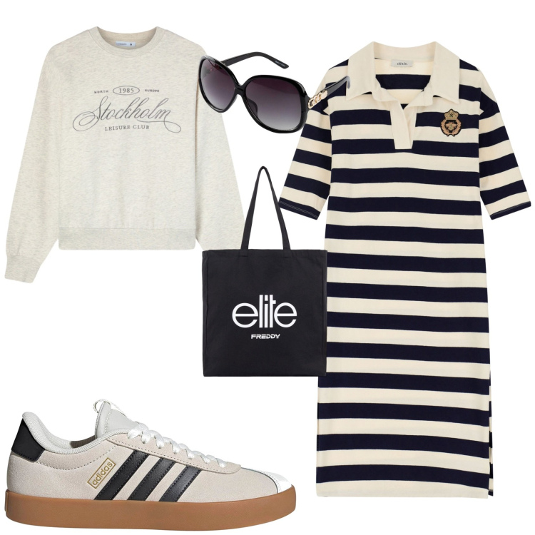 Outfit donna - Total look #2202513. Stile Sporty chic per Tutti i giorni. Abbinamento con occhiali da sole, felpe, shopping bag, vestiti, sneakers.