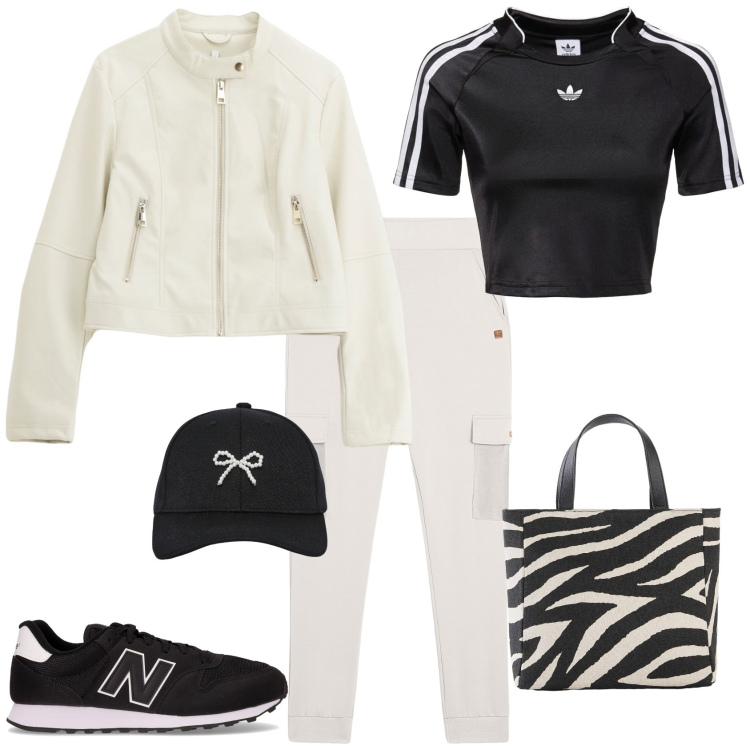 Outfit donna - Total look #2202514. Stile Sporty chic per Serata fuori. Abbinamento con borse a mano, cappelli con visiera, giacche, pantaloni cargo, sneakers, top.