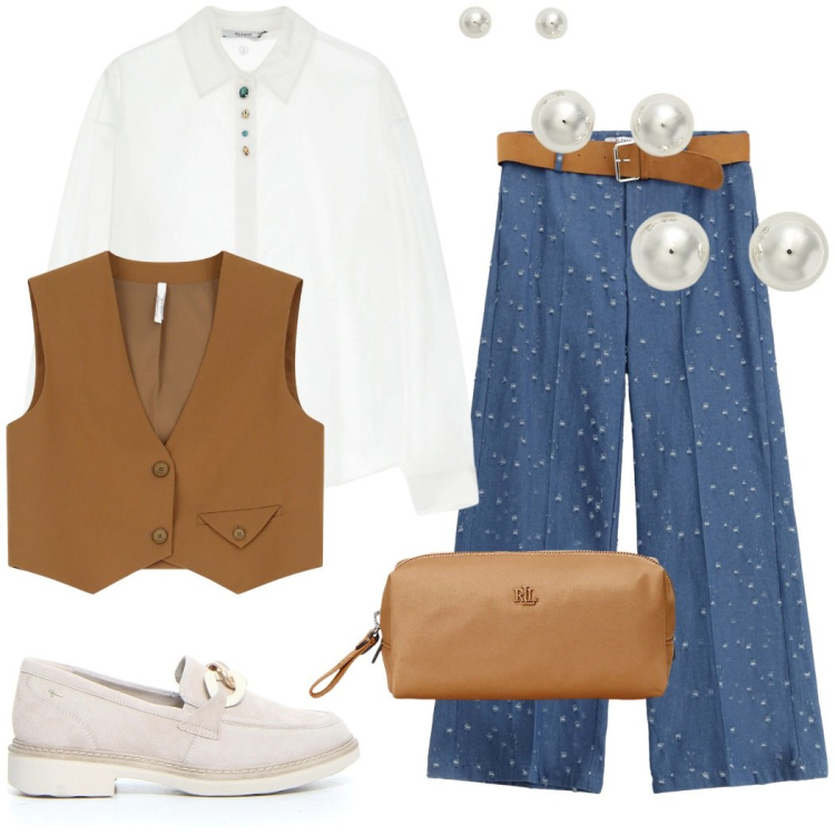Outfit donna - Urban style. Stile Mannish per Tutti i giorni. Abbinamento con pantaloni, camicie, gilet, orecchini, pochette, mocassini.