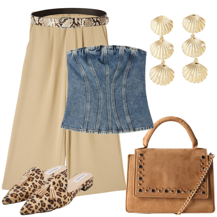 Outfit donna - Al caffè. Stile Casual chic per Tutti i giorni. Abbinamento con pantaloni a palazzo, borse a tracolla, sabot, cinture, orecchini, top.