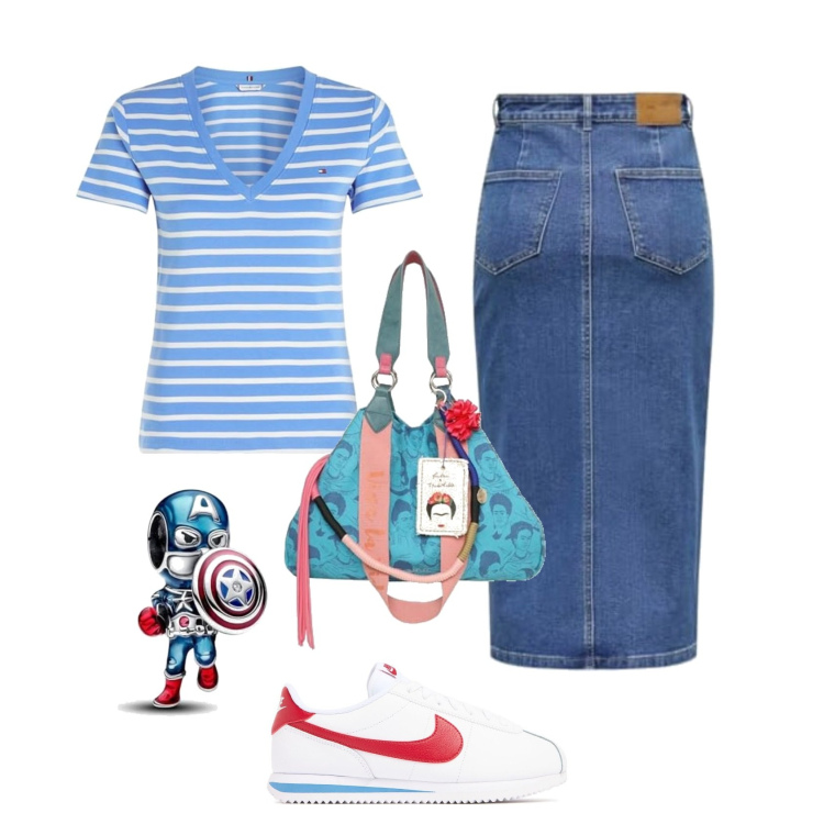 Outfit femme - Jupe longue denim. Style Urban pour Tous les jours. Assortir avec t-shirts, jupes au genou, sneakers, sac cabas, pendentifs.
