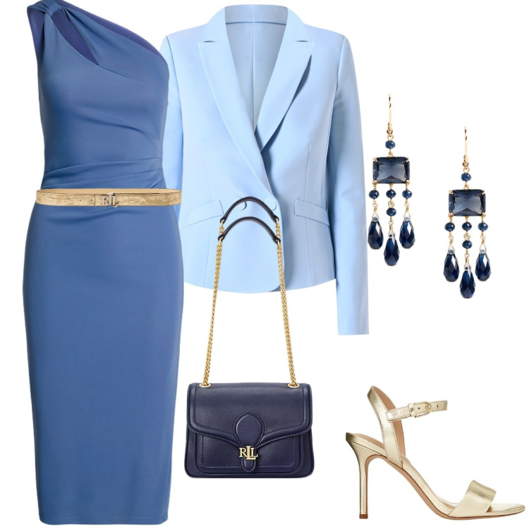 Outfit donna - Un tocco d’oro. Stile Chic per Cerimonia. Abbinamento con blazer, sandali in pelle, borse a spalla, vestiti asimmetrici, cinture, orecchini.