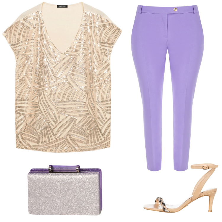 Outfit donna - urban chic. Stile Casual chic per Serata fuori. Abbinamento con pantaloni, pochette, sandali in pelle, t-shirt.