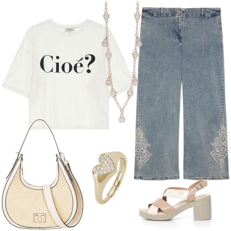 Outfit donna - all day. Stile Casual per Tutti i giorni. Abbinamento con collane, anelli, borse a mano, t-shirt, jeans, sandali col tacco.