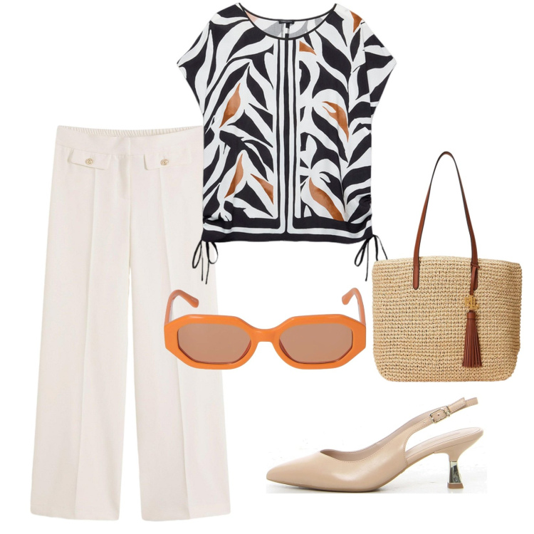Outfit donna - mamma chic. Stile Casual chic per Ufficio. Abbinamento con pantaloni, borse tote, bluse, occhiali da sole, décolleté.