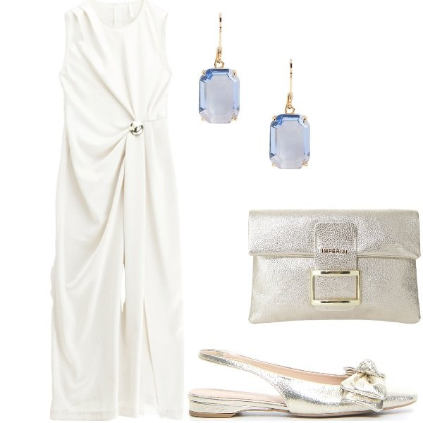 Outfit donna - Cerimonia tra intimi. Stile Glamour per Serata fuori. Abbinamento con vestiti lunghi, pochette, orecchini, sandali in pelle.