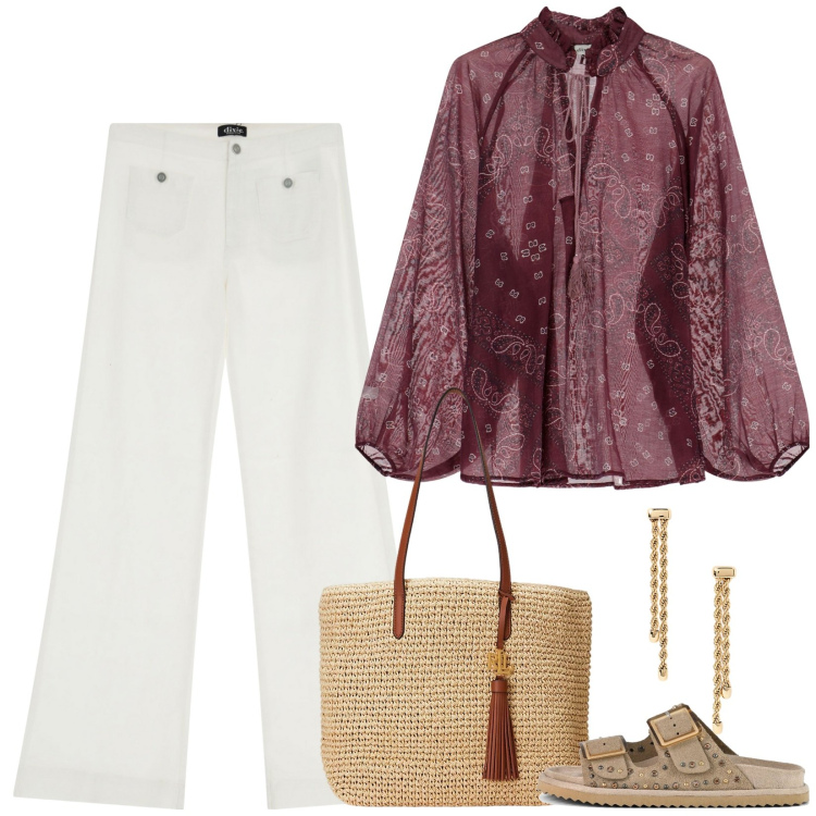 Outfit donna - Un po\' boho. Stile Boho per Tutti i giorni. Abbinamento con camicie, pantaloni a palazzo, borse tote, orecchini, sandali.