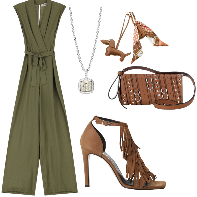 Outfit donna - Frizzante di sera. Stile Glamour per Serata fuori. Abbinamento con collane, borse a spalla, portachiavi, tute, décolleté.