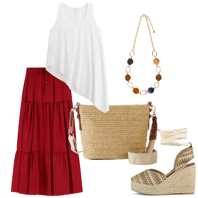 Outfit donna - Serata al mare. Stile Casual per Mare. Abbinamento con borse a tracolla, canottiere, gonne lunghe, zeppe, collane.