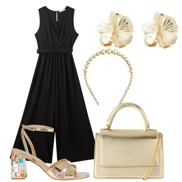 Outfit donna - La Jumpsuit elegante per la sera. Stile Chic per Serata fuori. Abbinamento con tute, borse a tracolla, sandali gioiello, cerchietti, orecchini.